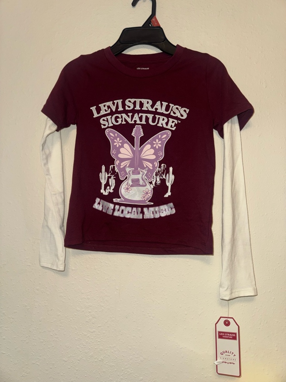 Levi's Girls' Burgundy and White Layered-Look Long Sleeve Tee with Graphic